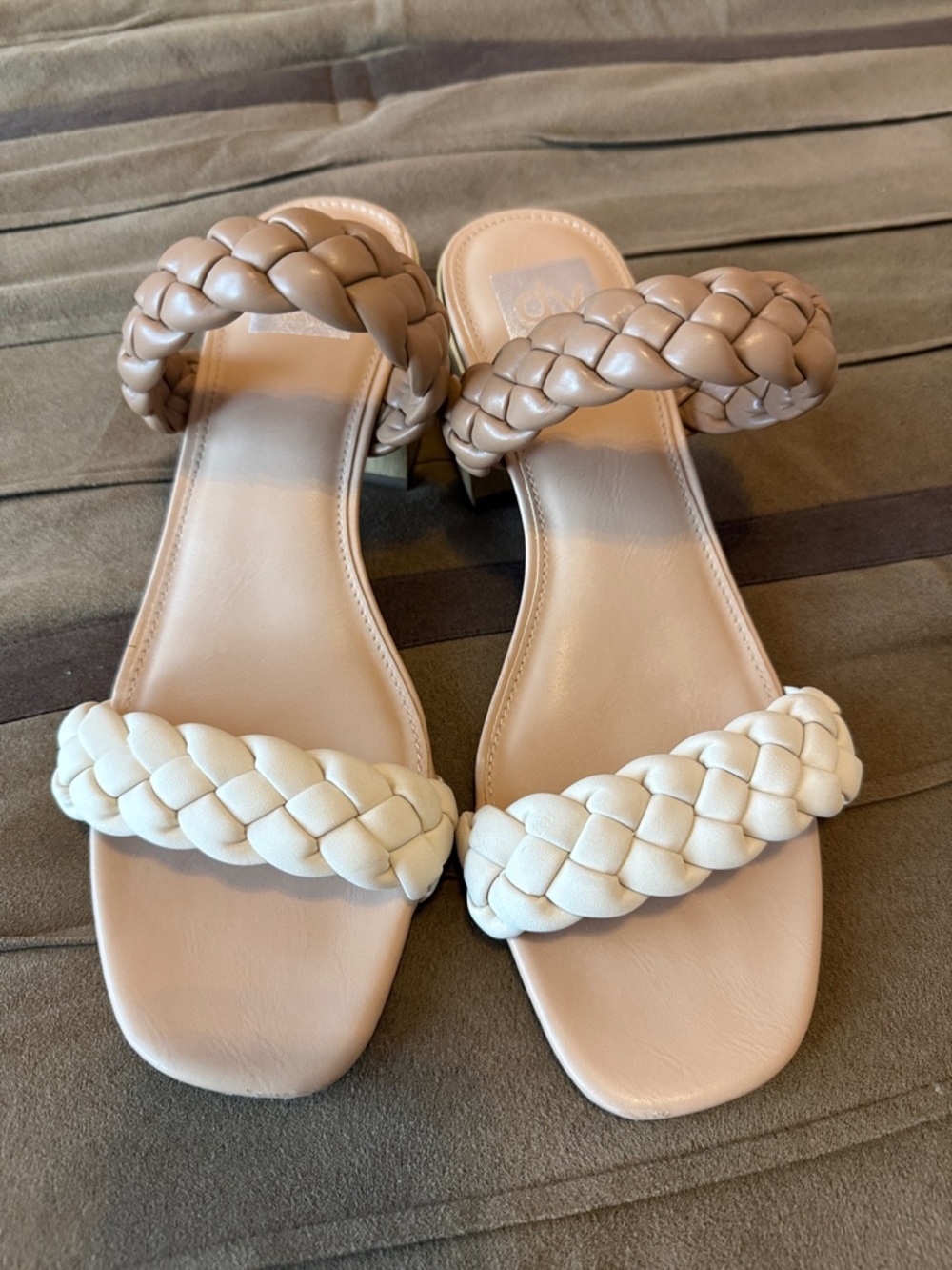 Dolce Vita Braided Two-Tone Slide Sandals in Taupe and Cream